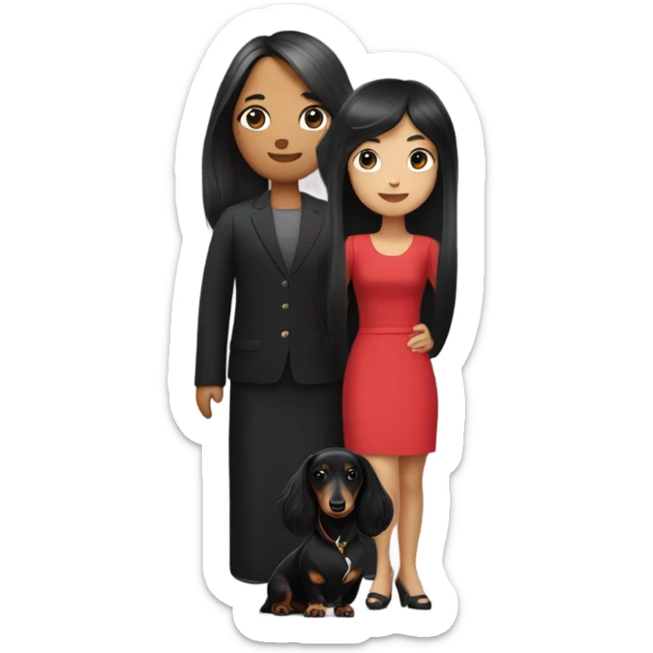 Long-haired dachshund with black-haired Asian girl wearing black dress sticker
