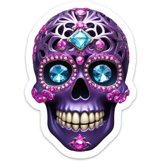 Realistic isolated metallic ornate dark purple,magenta,light blue,and hot pink filigree skull decorated with shiny diamonds and rhinestones.  sticker