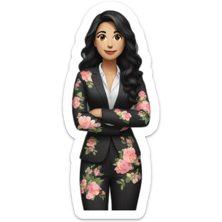 a turkish woman with long black wavy hair wearing a black suit and a floral blouse sticker