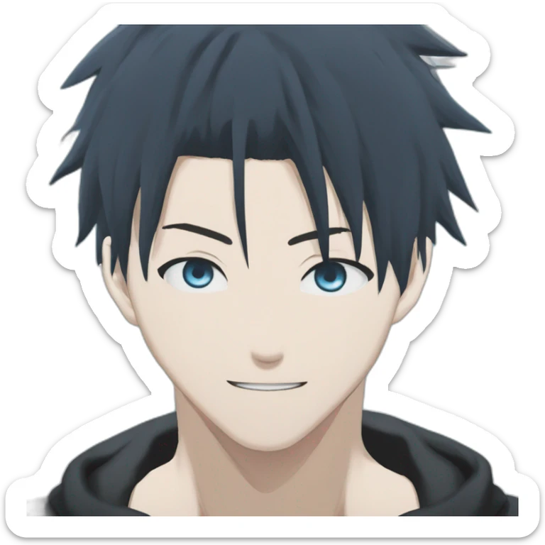 gojo satoru from jujutsu kaisen with white manga hair style, blue sky eyes and wear a black tight tshirt sticker