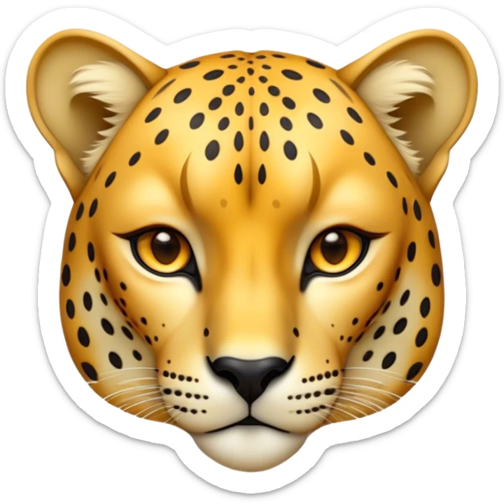 Cinematic Noble Cheetah Portrait Emoji, Poised and regal, with a lean, muscular build and a sleek, spotted Fur of golden hues, deep-set soulful amber eyes, Simplified yet sharp and sophisticated features, highly detailed, glowing with a warm, dignified glow, high shine, intelligent and swift, stylized with an air of wild elegance, focused and attentive, soft glowing outline, capturing the essence of a watchful and confident predator, so majestic it feels as though it could sprint out of the screen with effortless authority! sticker