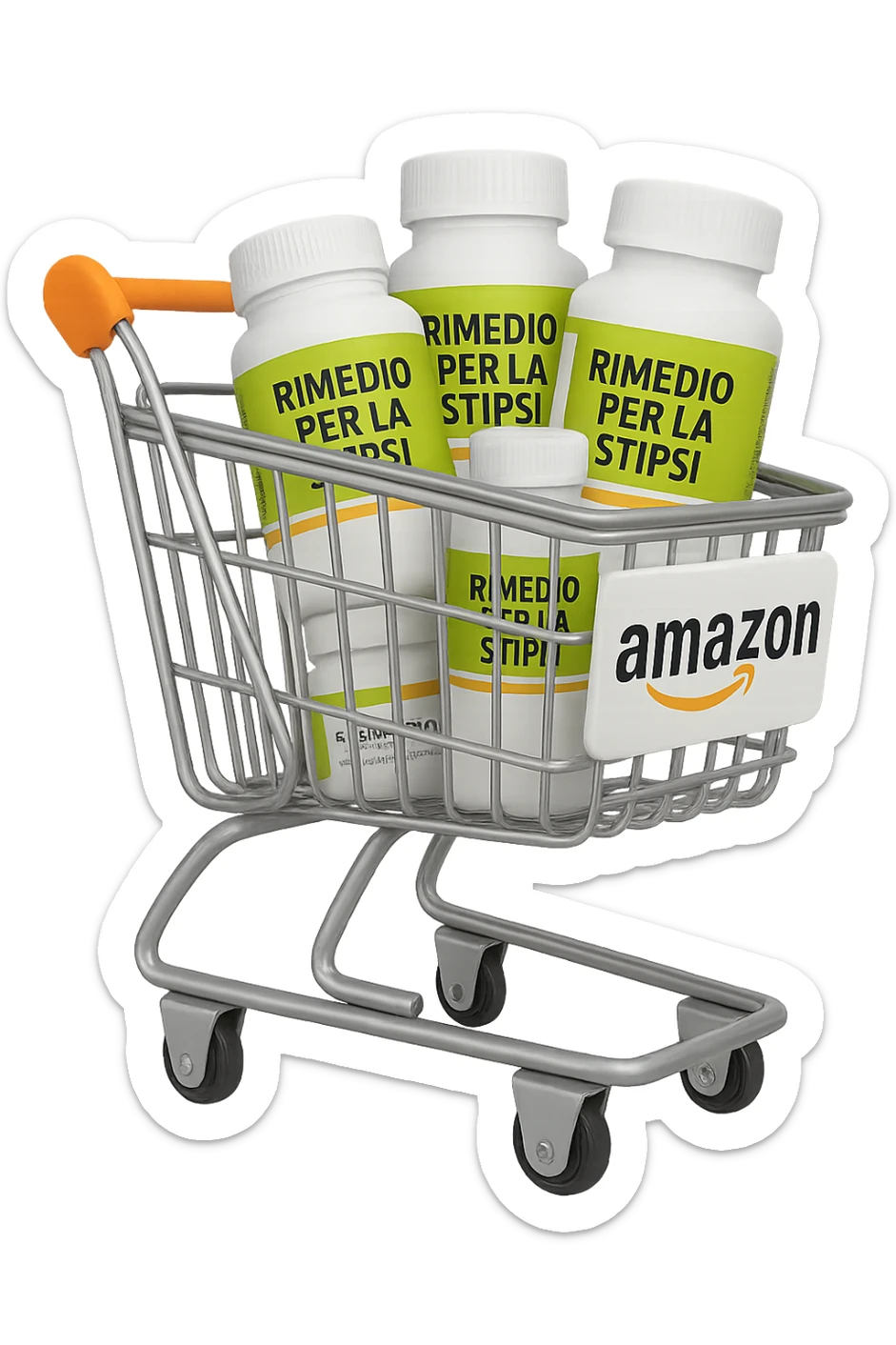 emoji stile iphone di un carrello per la spesa con l'icona di amazon stampata sopra, dentro al carretto ci sono varie boccette di integratori con la scritta "RIMEDIO PER LA STIPSI", iperrealistico 4k sticker