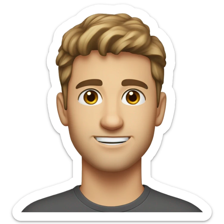 A head and shoulders shot of a 23 year old Caucasian man, with short brown hair, with stubble facial hair,   with brown eyes wearing a t-shirt. sticker