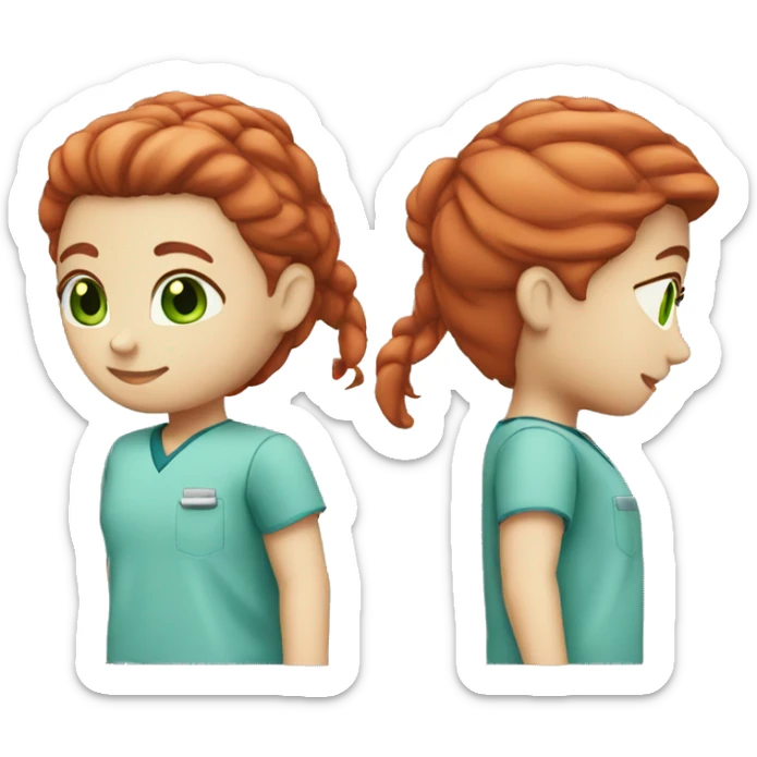 white skin red straight hair green eyes blue scrubs  sticker
