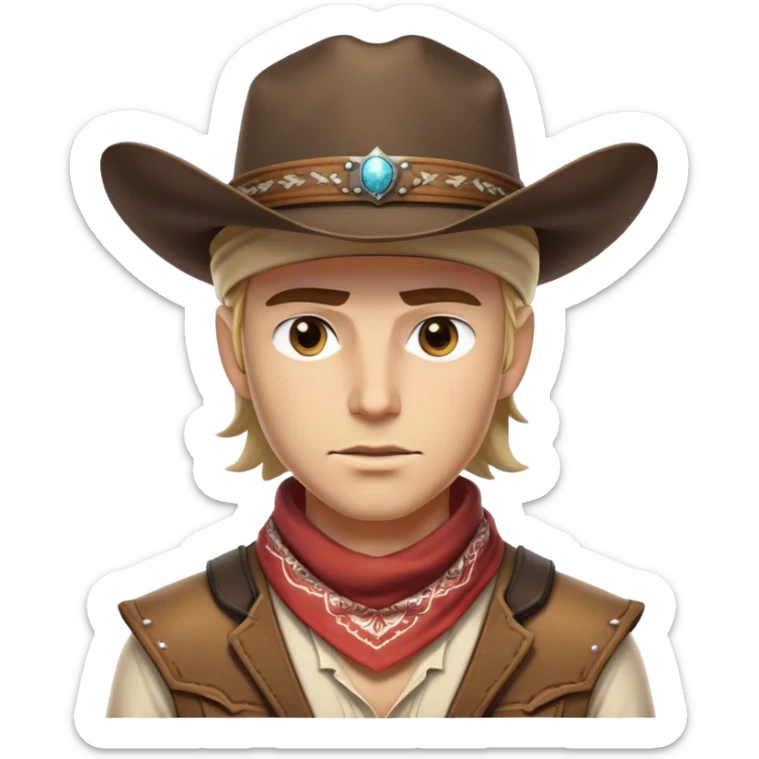 Clash of Clans aesthetic friendly Cowboy Portrait Emoji, With a rugged yet stylized build wearing a classic wide-brimmed hat and bandana, his face rendered in a natural skin tone (not yellow), determined eyes and a steely gaze, Simplified yet dynamic features, highly detailed, glowing with a warm, sunlit frontier radiance, high shine, brave and spirited, stylized with an air of Wild West heroism, focused and ready, soft glowing outline, capturing the essence of a fearless cowboy adventurer ready to ride into epic quests! sticker
