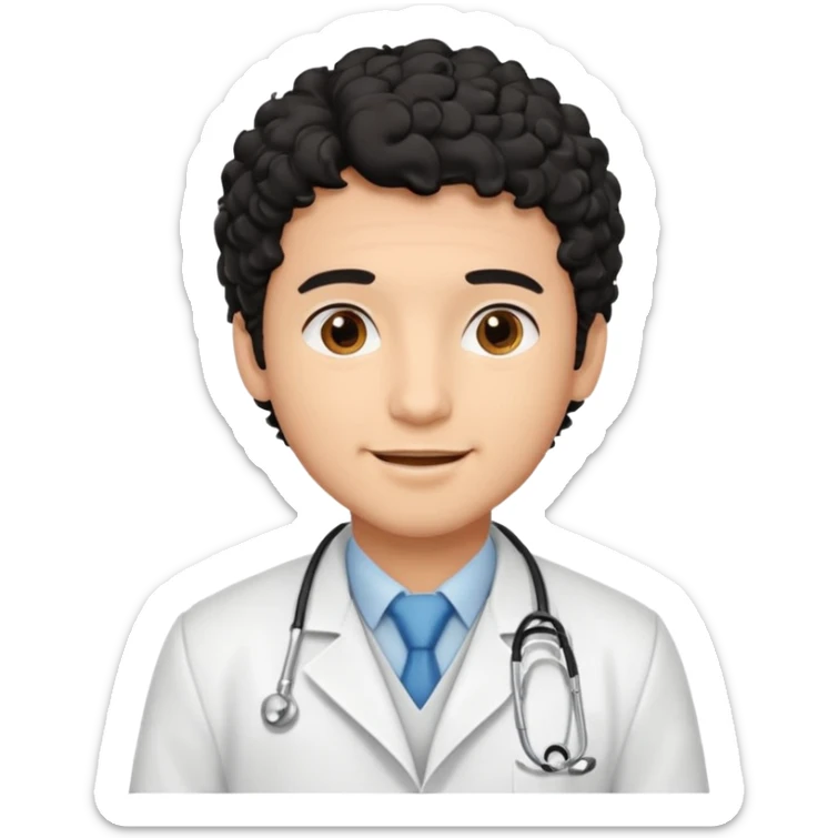 a young male doctor with black  curly hair and cheerful face sticker