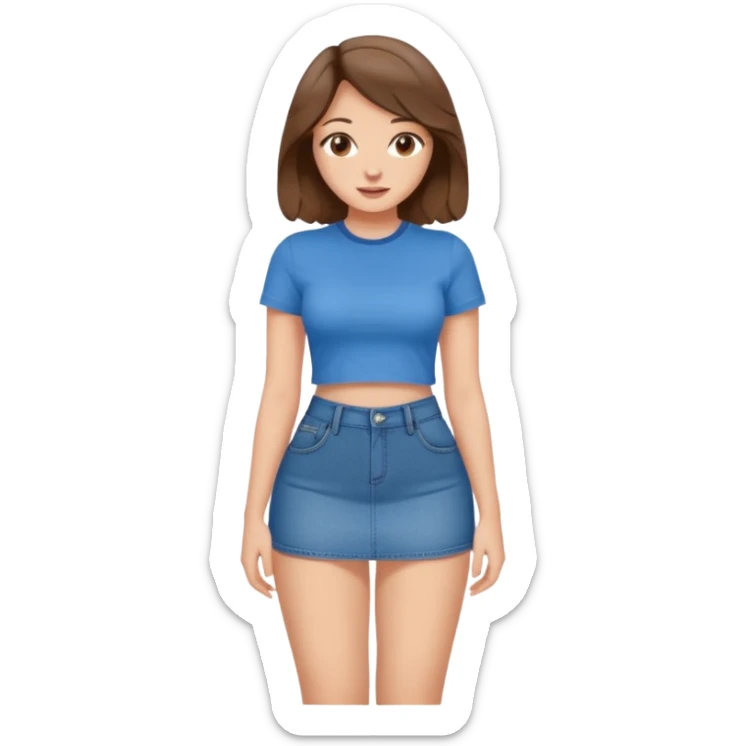 Brown wavy shoulder length hair brown hazel eyes big butt & chest small thin waste long curvy legs cute face with a blue Jean mini skirt & a t shirt that says bite me sticker