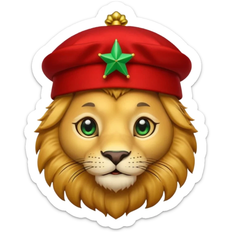 Cute lion face emoji with golden fur, big round eyes, and a friendly expression. Wearing a red Moroccan fez hat with a green star on the front and a small black tassel on the side sticker