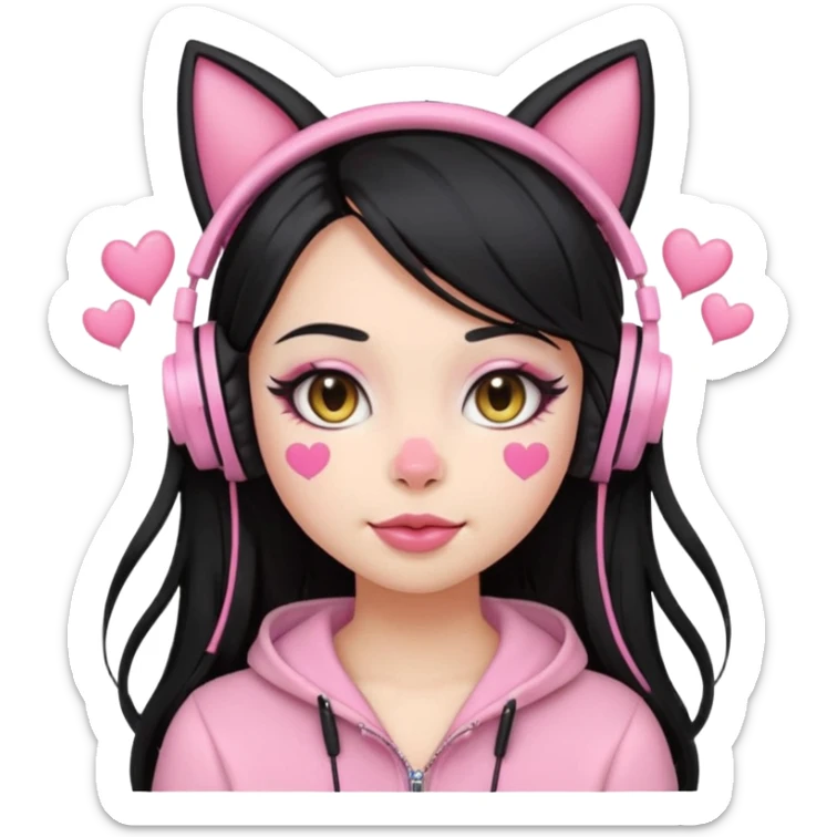 “Emoji girl, pastel pink streaks in thick long black hair hair, bold winged eyeliner, heavy blush on cheeks and nose bridge, under-eye hearts, glossy pink lips, playful smirk and gaming headphones and cat ears.” sticker