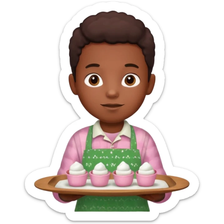 A young black vendor boy with pink cheeks, holding a tray of marshmallow-topped cocoa wearign green patterned apron sticker