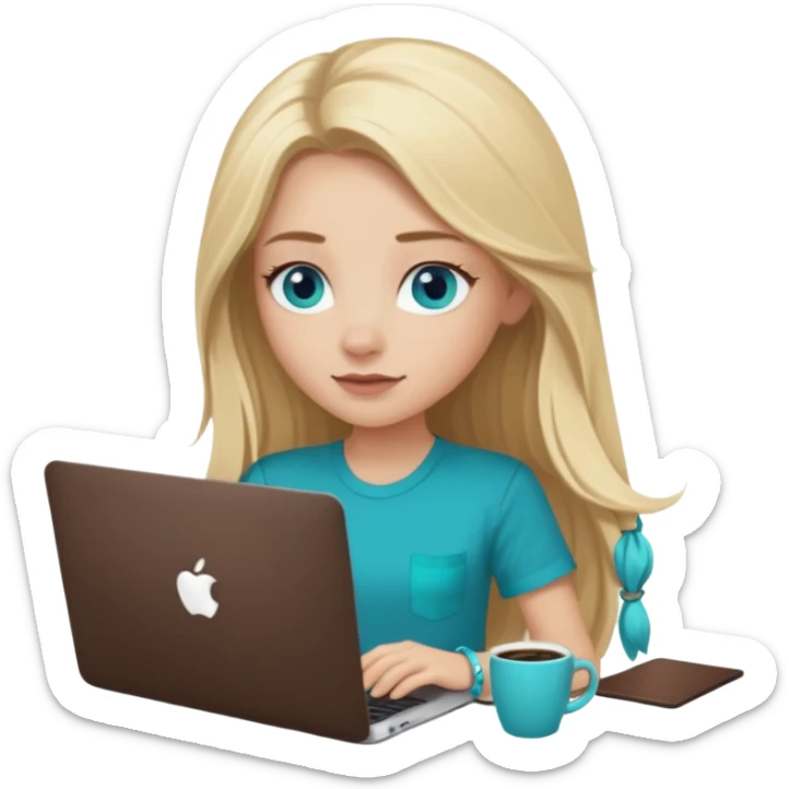 blonde long hair girl using macbook emoji. she has blue eyes and dark coffee shirt with Teal coloured accesory sticker