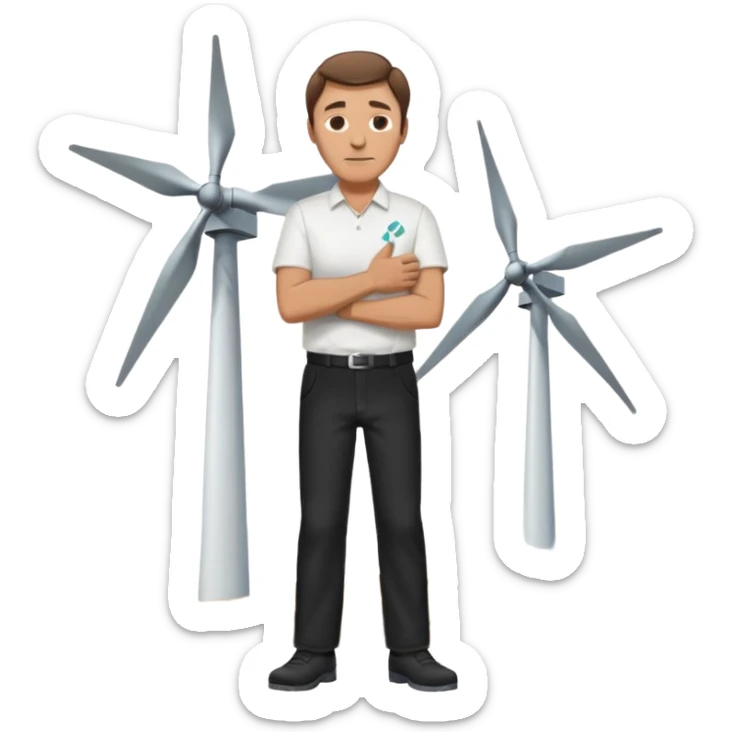 an older white man with brown hair and a white shirt and black pants hugging a wind turbine sticker