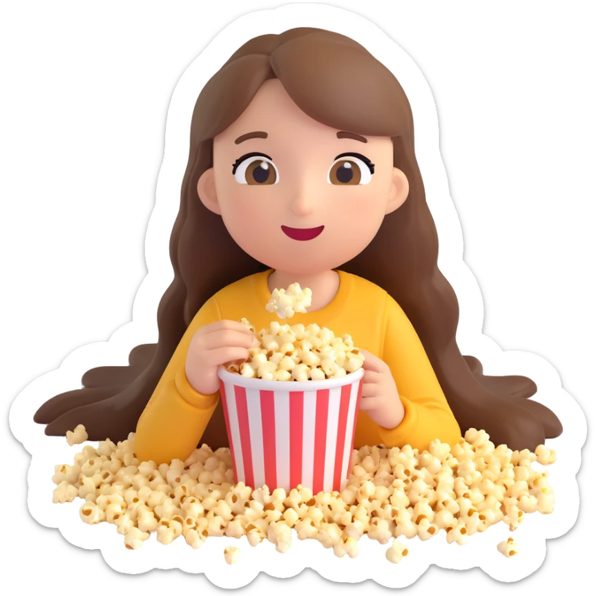 white girl with long hair, cheerful, eating popcorn on the floor, emoji style sticker