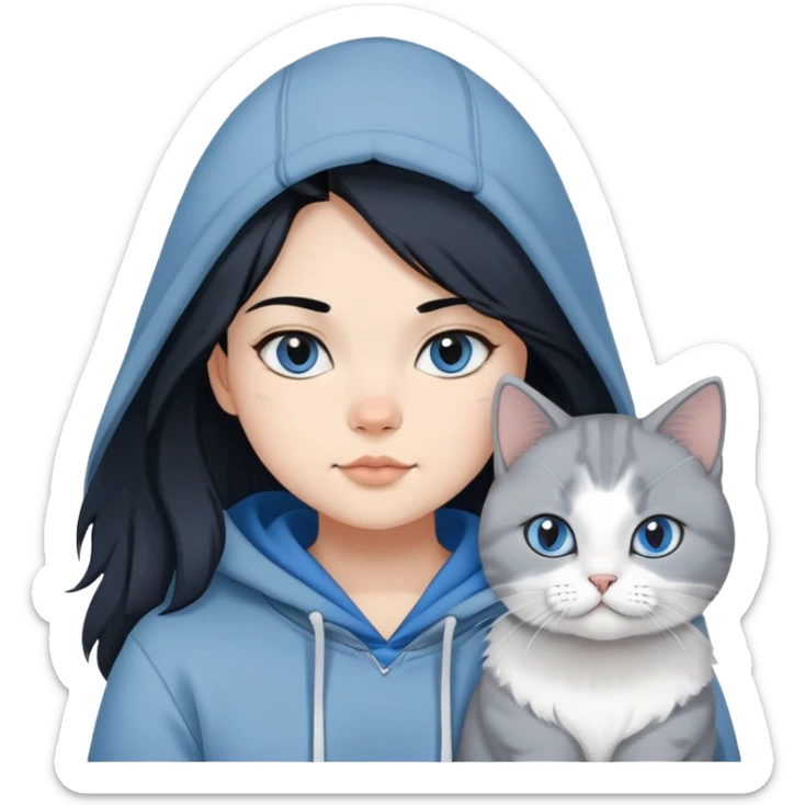 Girl with black hair in gray hoodie with a British shorthair blue and white cat and a long-haired blue and white cat sticker