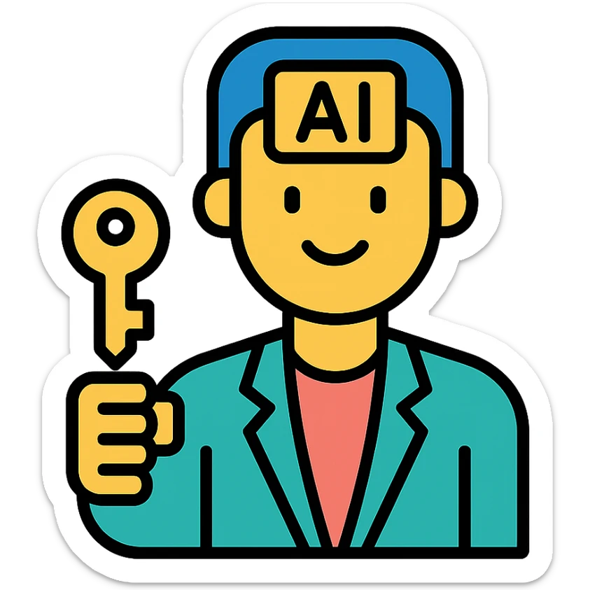 AI avatar for real estate, approachable, holding a house key, smart-casual outfit, clean background, vector style sticker