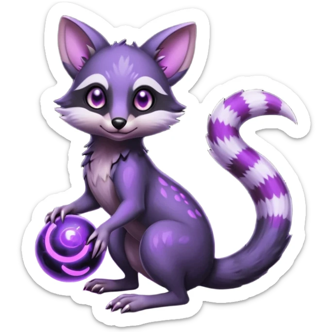 Obsidian-onyx-black and glowing neon-purple, shiny orb eyes, magical fantasy-Genet-Sentret-Marsupial-Possum-Vernid-Sergal-Fakémon-hybrid, by LiLaiRa-griffsnuff, full body sticker