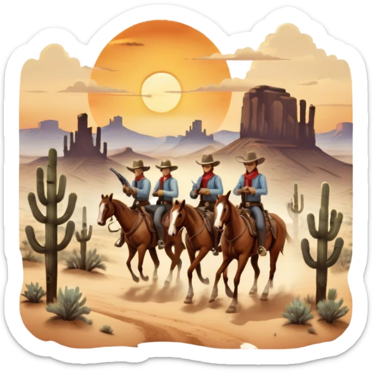 Icon for Western: A vintage movie poster-style design with cowboys on horseback, dusty desert landscape, and a setting sun. Include cowboy hats, revolvers, and an old saloon. The design should have bold typography and a retro cinematic feel. Transparent background. sticker