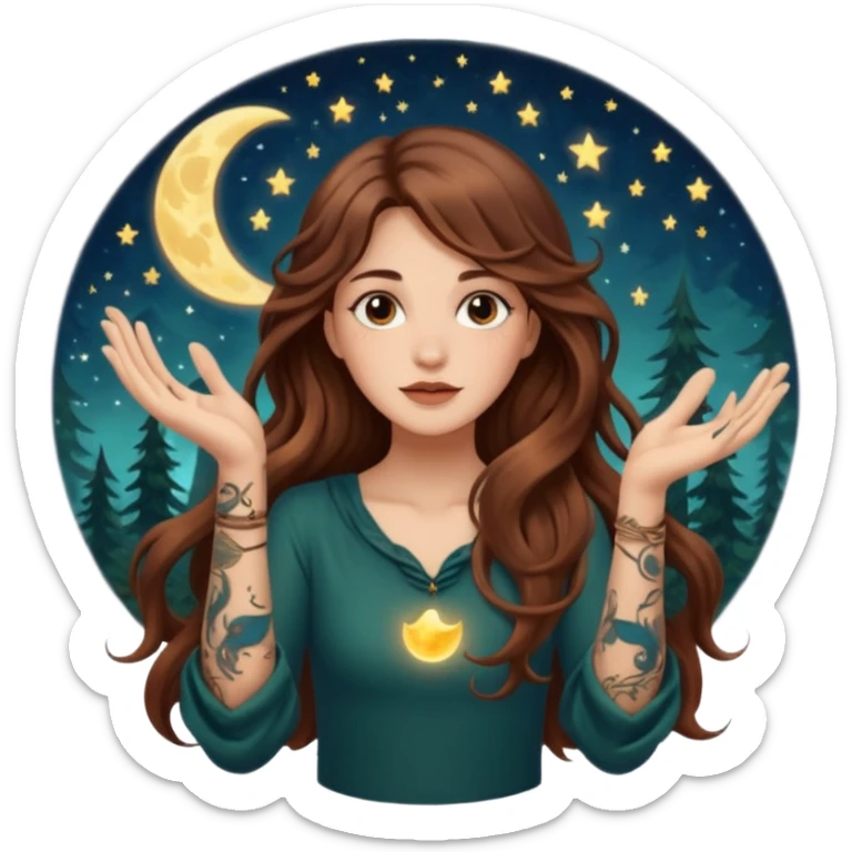 forest mystic woman long wavy brown hair tattoos catching falling moon spark in hands sticker