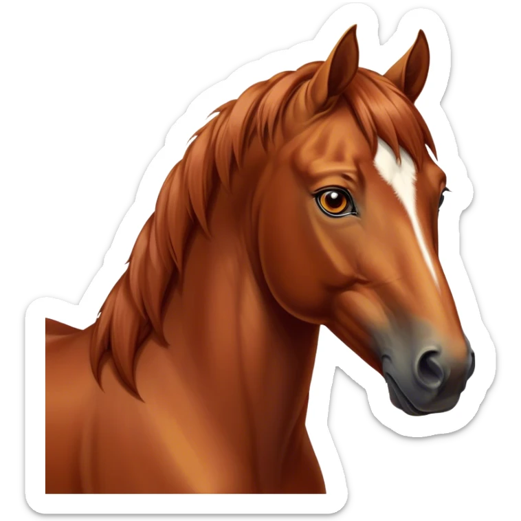 Cinematic Noble Chestnut Horse Portrait Emoji, Poised and regal, with a strong, athletic build and a lustrous, well-groomed chestnut fur, deep-set soulful amber eyes, Simplified yet sharp and sophisticated features, highly detailed, glowing with a warm, dignified glow, high shine, intelligent and majestic, stylized with an air of equine elegance, focused and attentive, soft glowing outline, capturing the essence of a watchful and confident steed, so majestic it feels as though it could gallop out of the screen with effortless authority! sticker