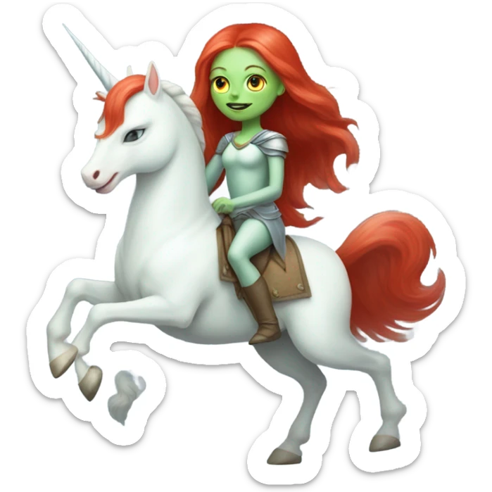 [politically incorrect
	{ woman: alien, color: light green, hair:red, eyes:cat} ]
	on a 
	[{ unicorn: white, legged:four, mane: light blue }] sticker
