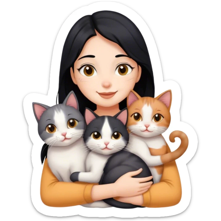 happy girl with black hair hugging three cats  (tricolour cat, gray cat, brown calico cat) sticker