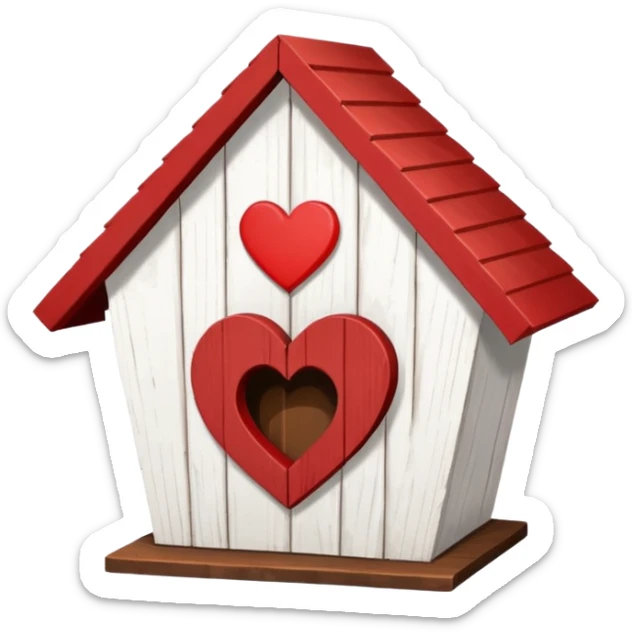 a birdhouse with a normal circular hole and a red roof with the rest white and a heart at the top but below the roof sticker