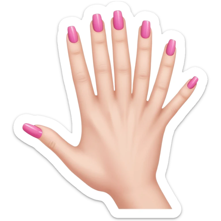 pink  close-up of a human hand with exactly five fingers, beautifully manicured nails, glossy pink nail polish, elegant nail shape, soft lighting, realistic style, isolated on transparent background" sticker