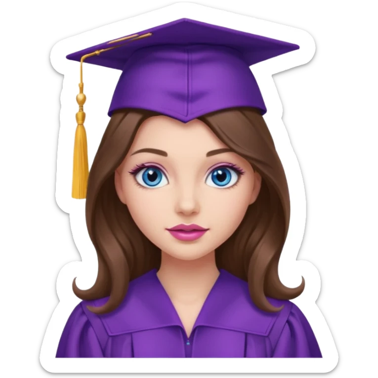 girl with gorgeous lightly curled long brown hair, blue eyes, long lashes makeup, sexy pink lips, wearing a purple graduation cap and gown sticker