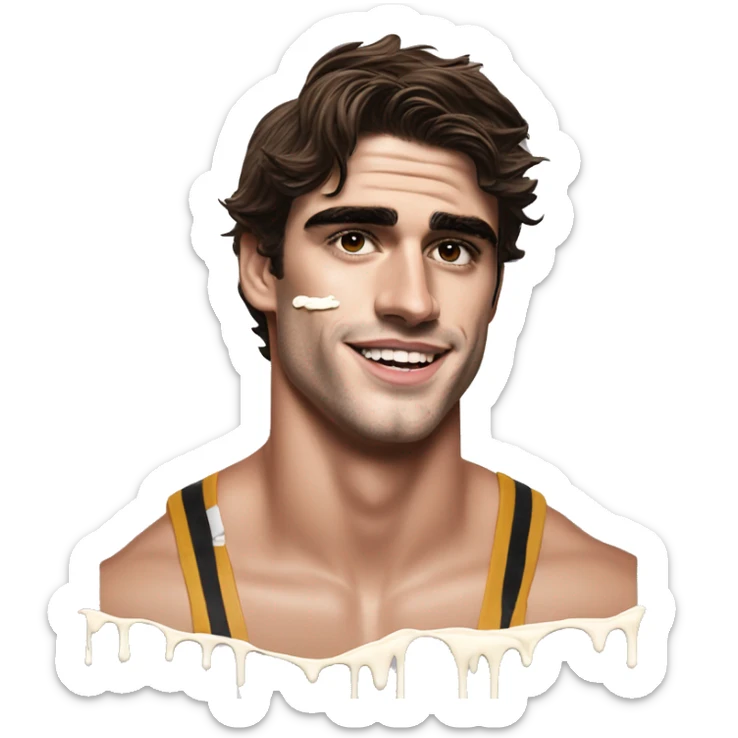 Jacob Elordi in a jock, realistic, splashed drip white glue cream over face sticker