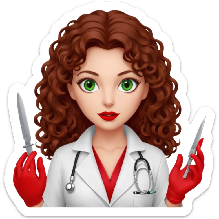 Lilith symbol seductress evil woman. She has green eyes.  had brown long curly hair.  evil surgeon kills with scalpel wears red sexy doctor coat with red mouth cover red gloves sticker