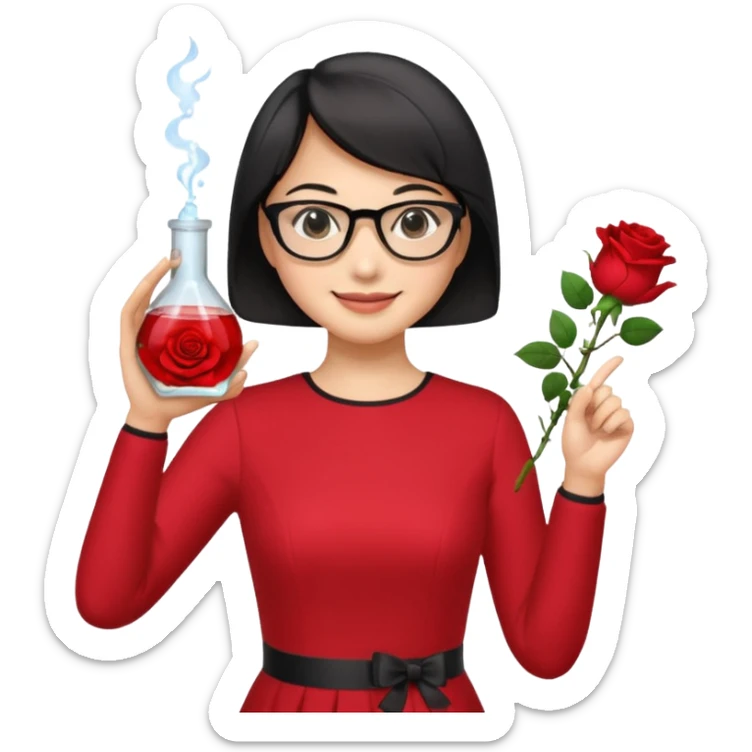 female asian chemistry teacher wearing glasses holdin a flask pointing right with straight short hair to her shoulders wearing a red dress with roses on it and black hair and make the glasses more retangle and make her hold a flash with one hand and with the other point right and make her smile sticker