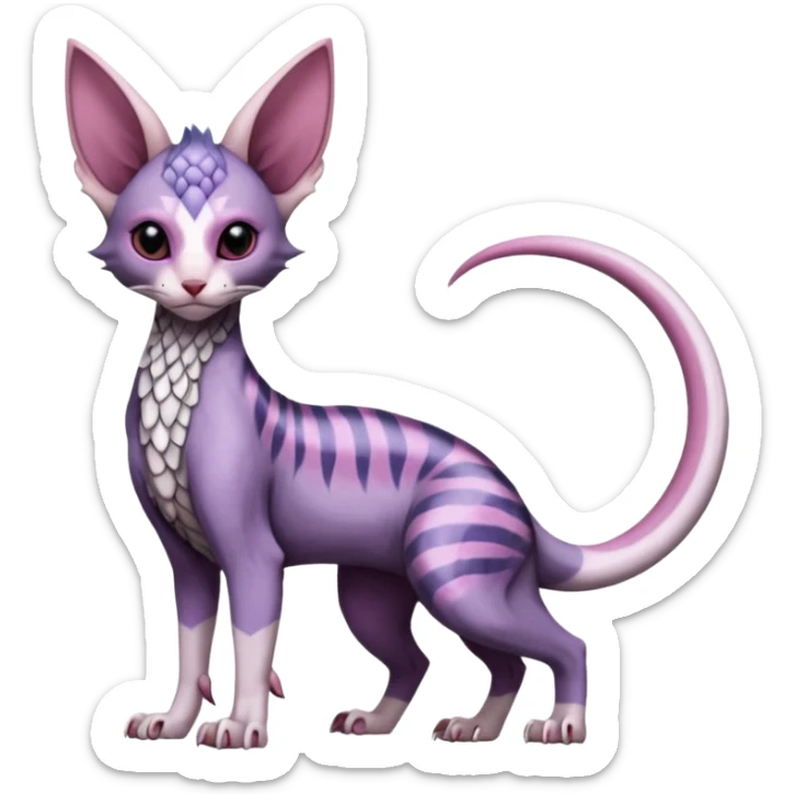Furry, scaly, Purple, white, black, Minccino-Sphynx-Lykoi-Linoone-Zangoose-fusion-hybrid-animal-Fakémon-creature, full body, thin long sleek scaly tail, intricate markings sticker