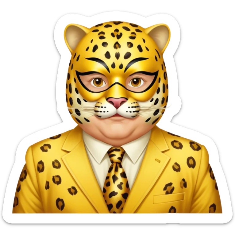 a fat old man, with a yellow suit,  wear half-face golden Leopard masquerade mask sticker