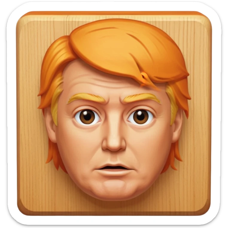 donald trump facial features and hair on a square wooden block sticker
