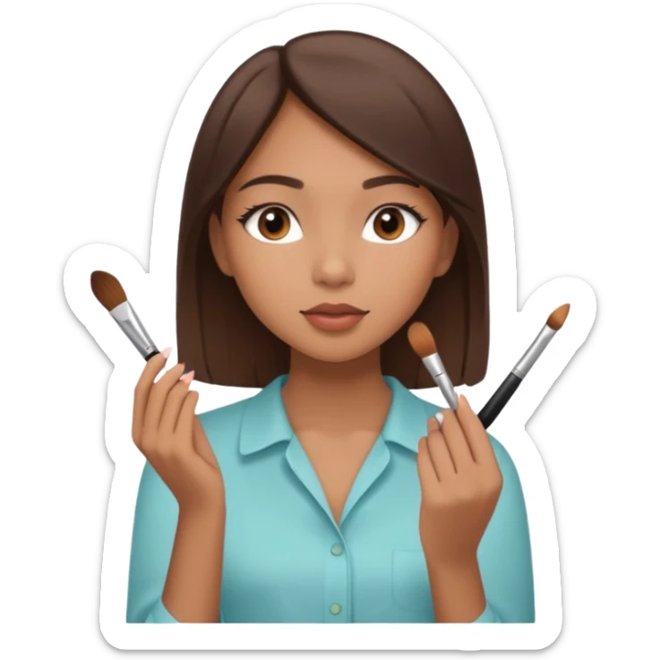 Draw a mixed-race girl applying makeup, wearing a clean girl blouse and with straight brown hair far away  sticker