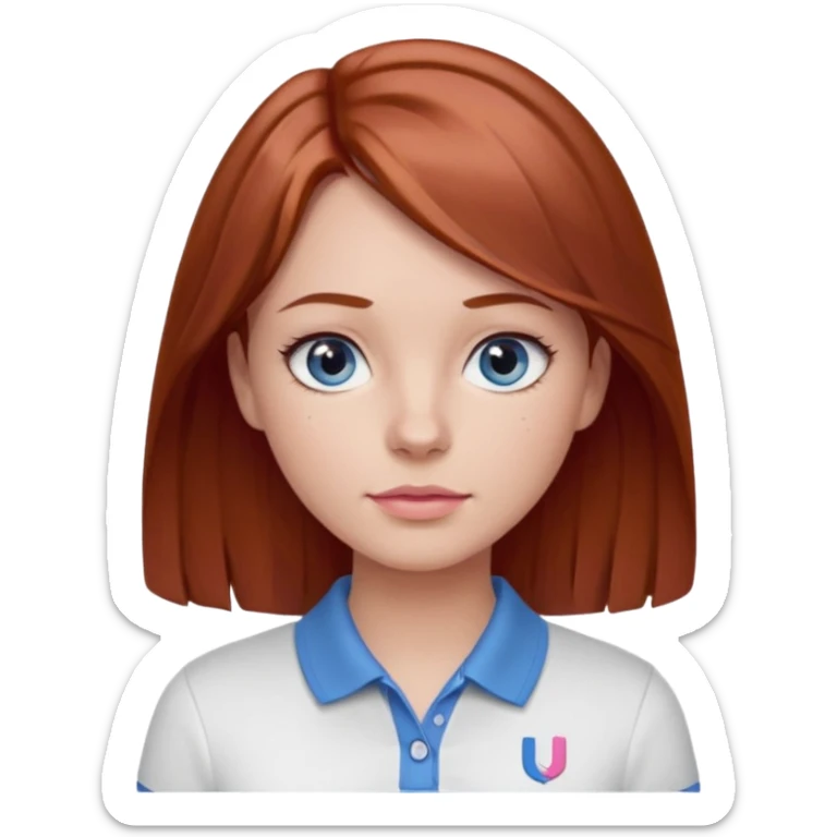 Create emojis of a girl with light brown / dark red hair slightly wavy below the shoulder. Her eyes are gray-blue, her nose is small and straight, and her lips are pink and small. Eyes with long eyelashes. The polo shirt is white. The emoji itself is up to chest level. sticker