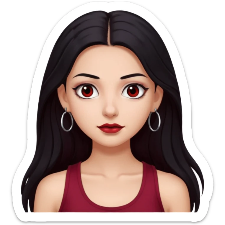 a pretty bratz fair girl with long black hair, kajal under eyes, small silver hoop. Dark cherry red tank top on. Black eyes sticker