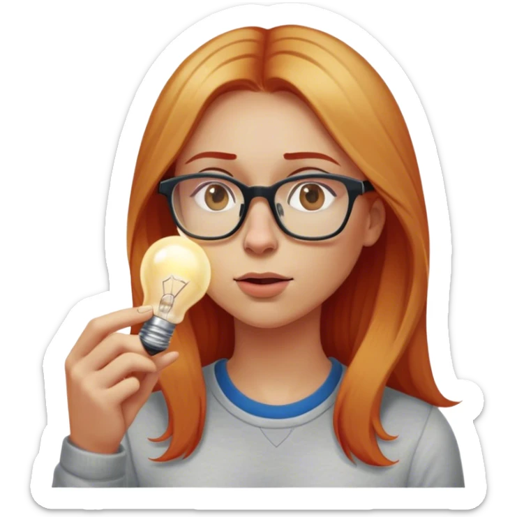 intelligent and clever, 30 year old, girl, long red and almost blond hair, glasses, has an brillant idea, rubs his nose, light bulb over the head, casual cloth  sticker