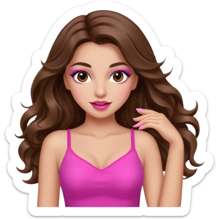 girl with long wavy brown hair, brown eyes, long lashes makeup, sexy pink lips, light to medium complexion, pink sexy top, dancing sticker
