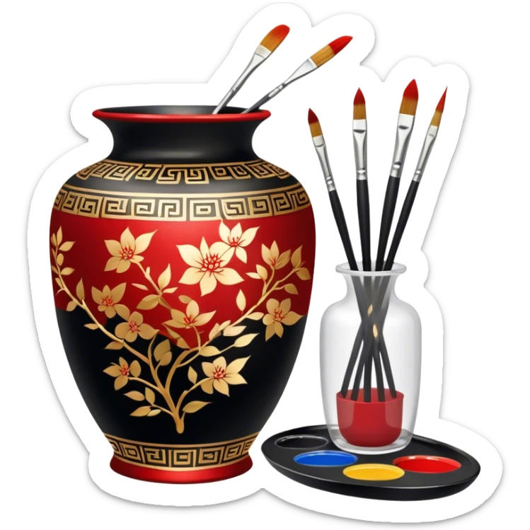 Chinese metal painting icon, delicate Chinese patterns painted on a metal vase, visible fine paintbrush, paint pots, and accessories like porcelain palette and cloth, vibrant colors like red, gold, and black, minimalistic style, clean lines, transparent background. sticker