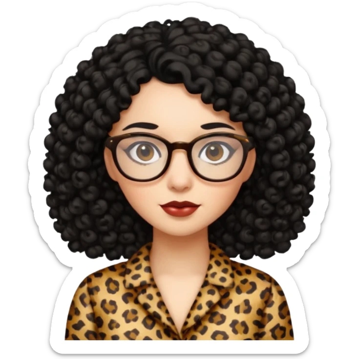 A women who wears glasses with a black curly hair, in a leopard print dress  sticker