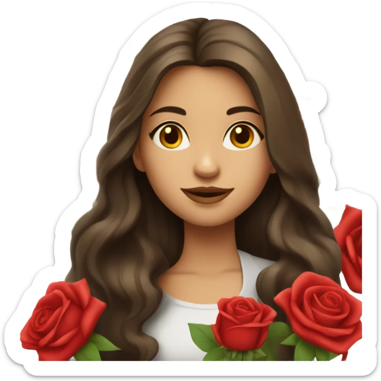 girl with beautiful long hair brunette in her hands a huge bouquet of red roses sticker