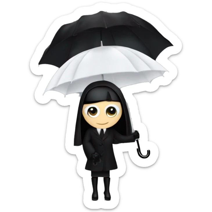 Audrey Hepburn as Morticia Addams at a rainy funeral holding a lacey umbrella. funeral veil ,gloves,purse.  sticker