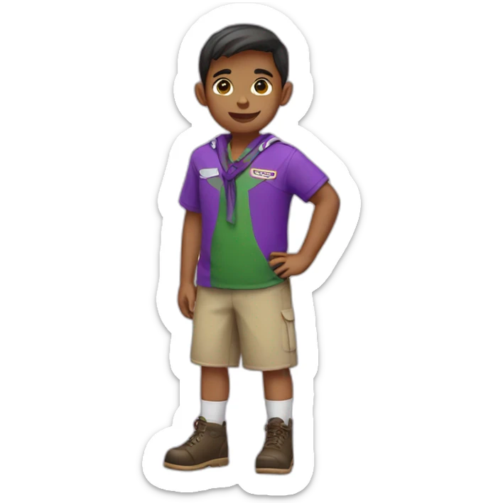 scout kid with a purple and white neckerchief and a green polo shirt sticker