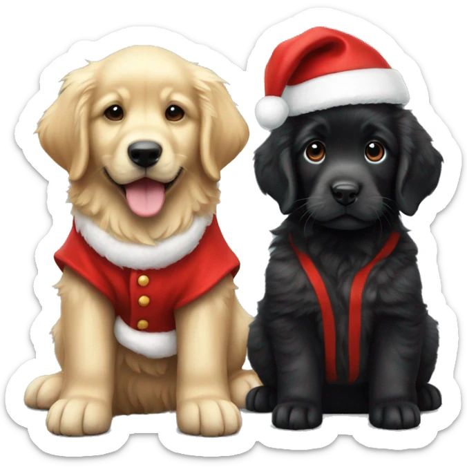 solid black fluffy puppy wearing red vest with white golden retriever puppy wearing a santa hat sticker
