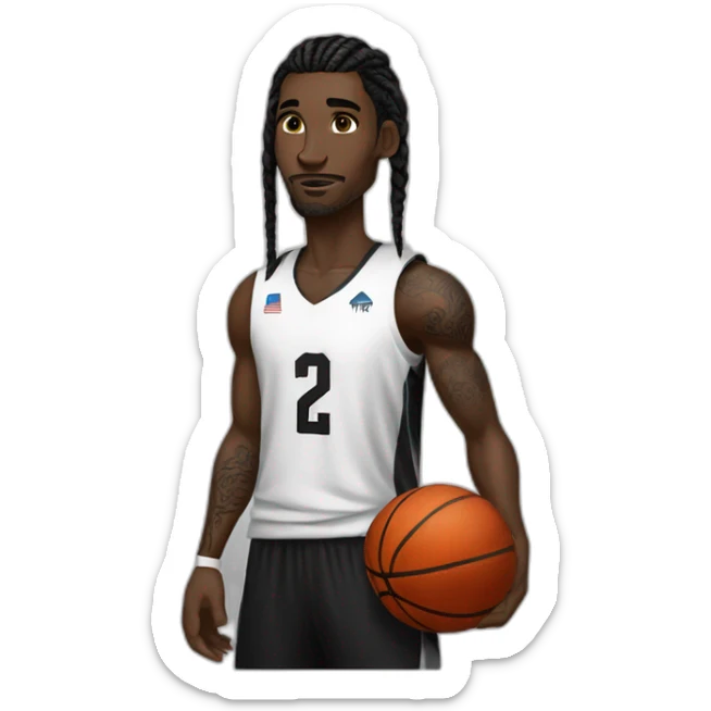 dark skin basketball player with tattoos, braided hair wearinf black and white jersey sticker