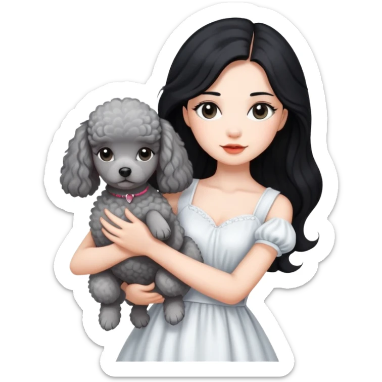 beautiful girl with long black hair in a white dress holding a small gray poodle sticker