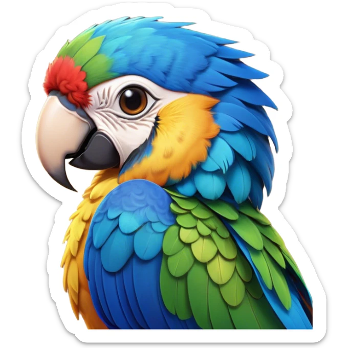 Cinematic Cute Macaw Portrait Emoji, Head tilted playfully and inquisitively, with a dazzling array of colorful plumage and round, sparkling eyes filled with charm, Simplified yet irresistibly adorable features, highly detailed, glowing with a warm, friendly tropical glow, high shine, affectionate and lively, stylized with a touch of whimsical vibrancy, bright and endearing, soft glowing outline, capturing the essence of a mischievous yet loving parrot that seems as if it could flutter out of the screen into your arms! sticker