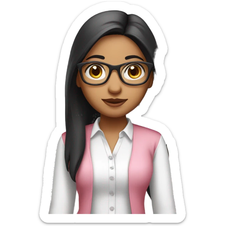 standing slim indian girl wear pink pant & white shirt have black straight hair and spectacle sticker