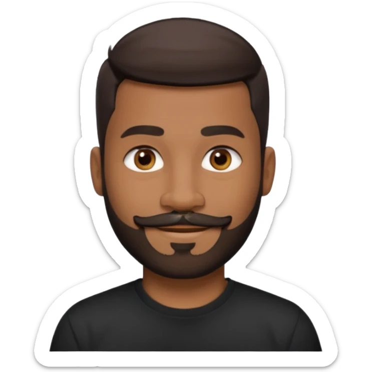 man with an oval face, medium-dark skin tone, short dark hair with a fade cut, dark brown eyes, medium straight nose, full lips, full beard and mustache, smiling, small earring in left ear sticker